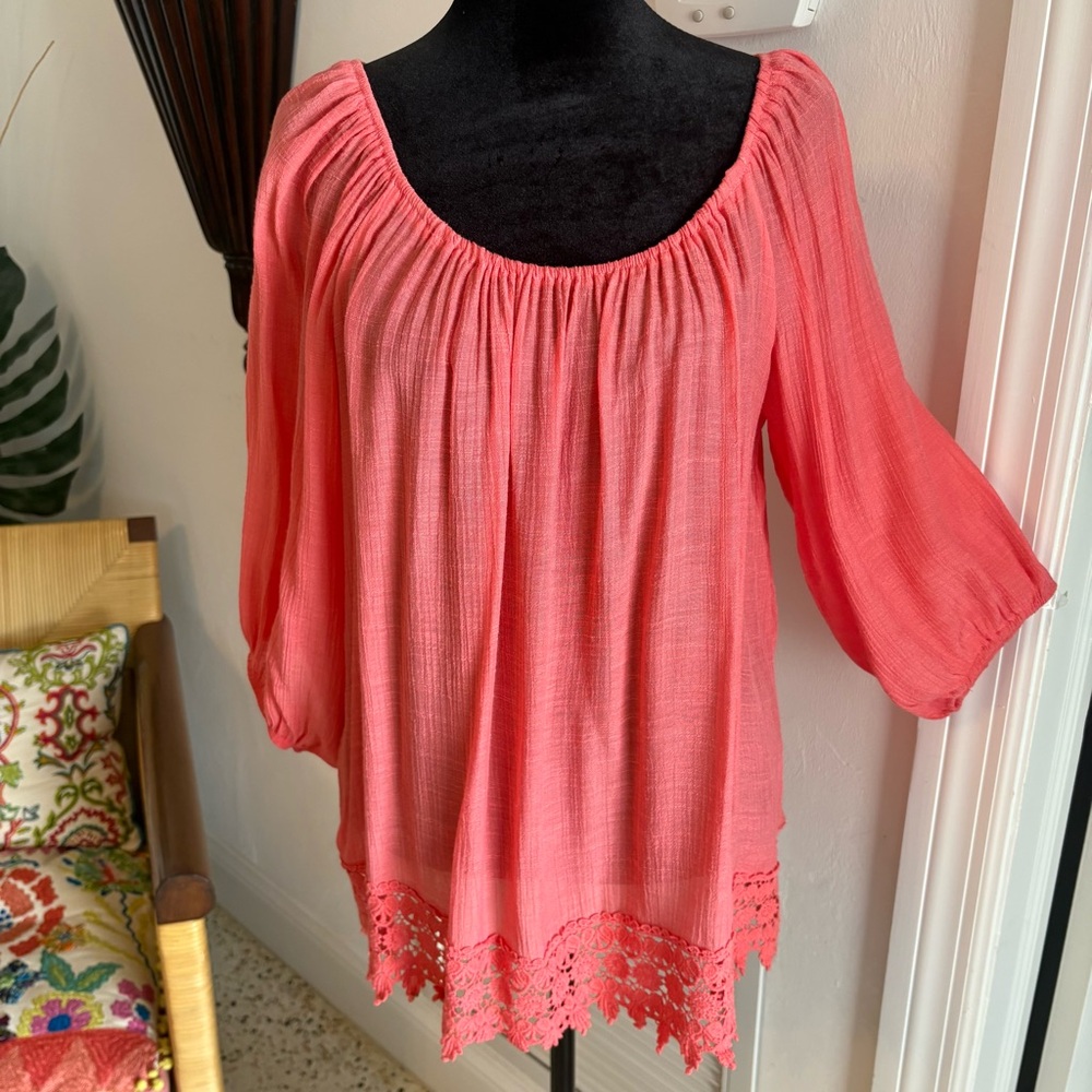 Bobeau Woven Peach Light Crinkle 3/4 Sleeve Full Cut Blouse! Excellent! XL